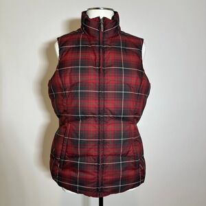 Eddie Bauer Red Tartan Plaid Premium Goose Down Puffer Vest Jacket Zip Womens XS
